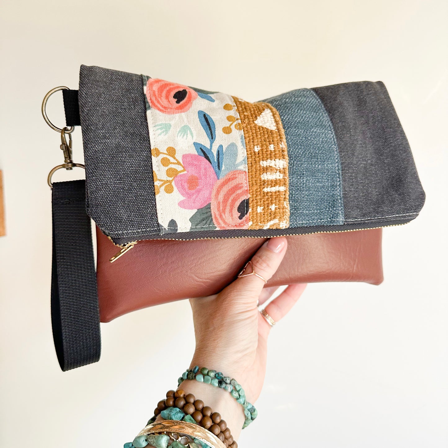 FOLDOVER CLUTCH- Floral/Mudcloth/Linen