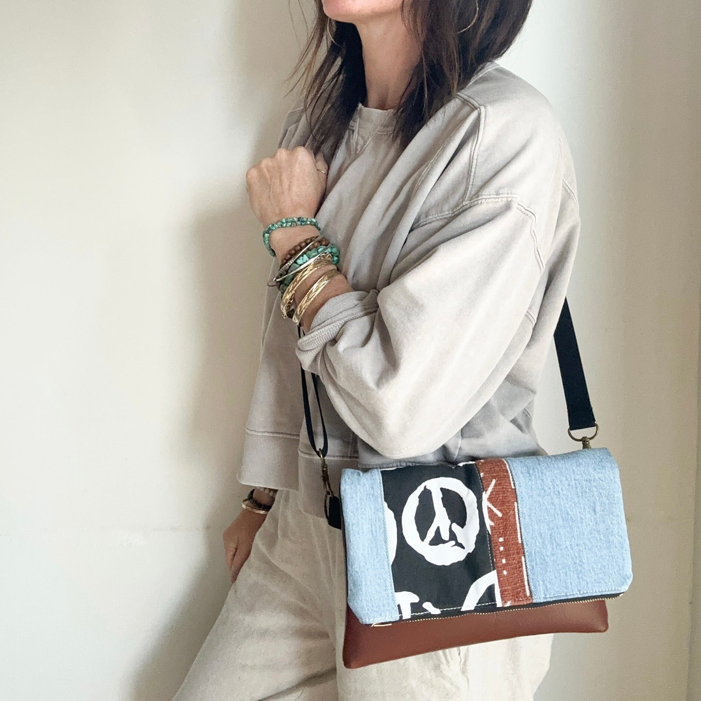 FOLDOVER CROSSBODY - Peace/Rust Mudcloth/Denim