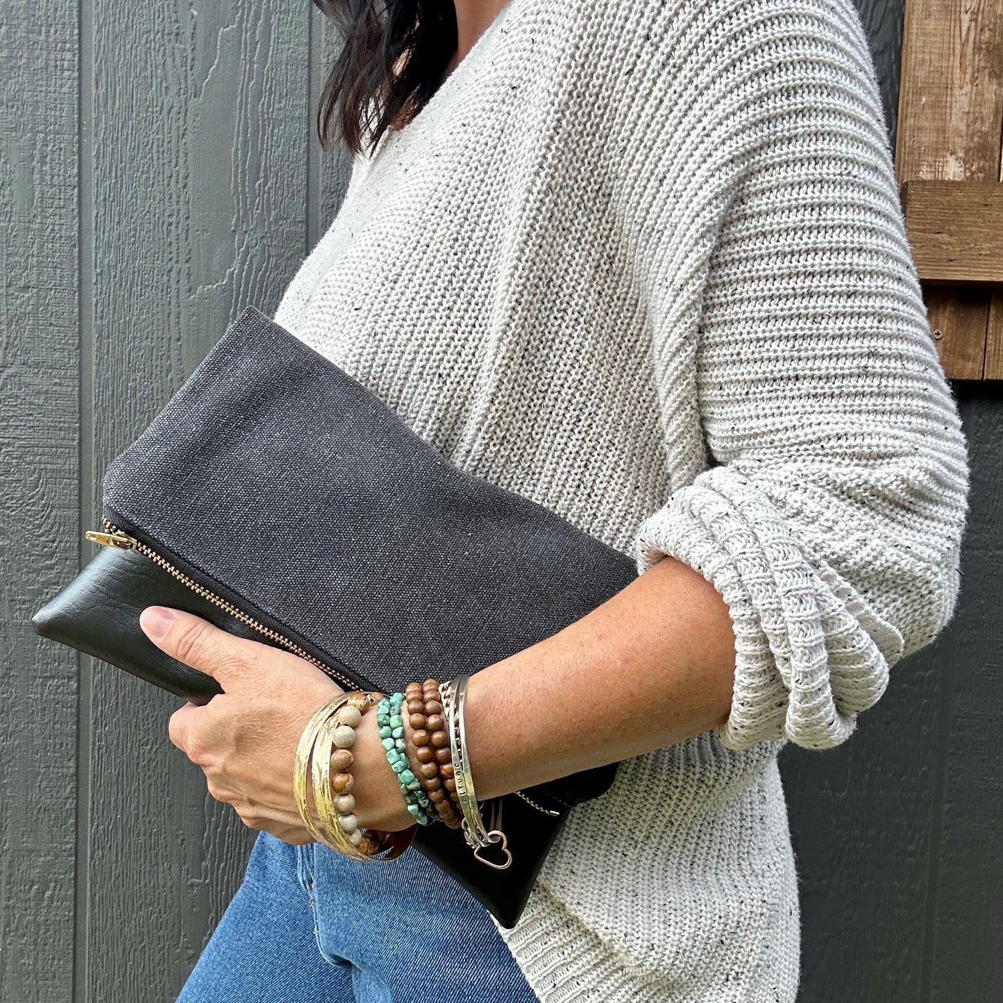 Charcoal Stonewashed Foldover Clutch