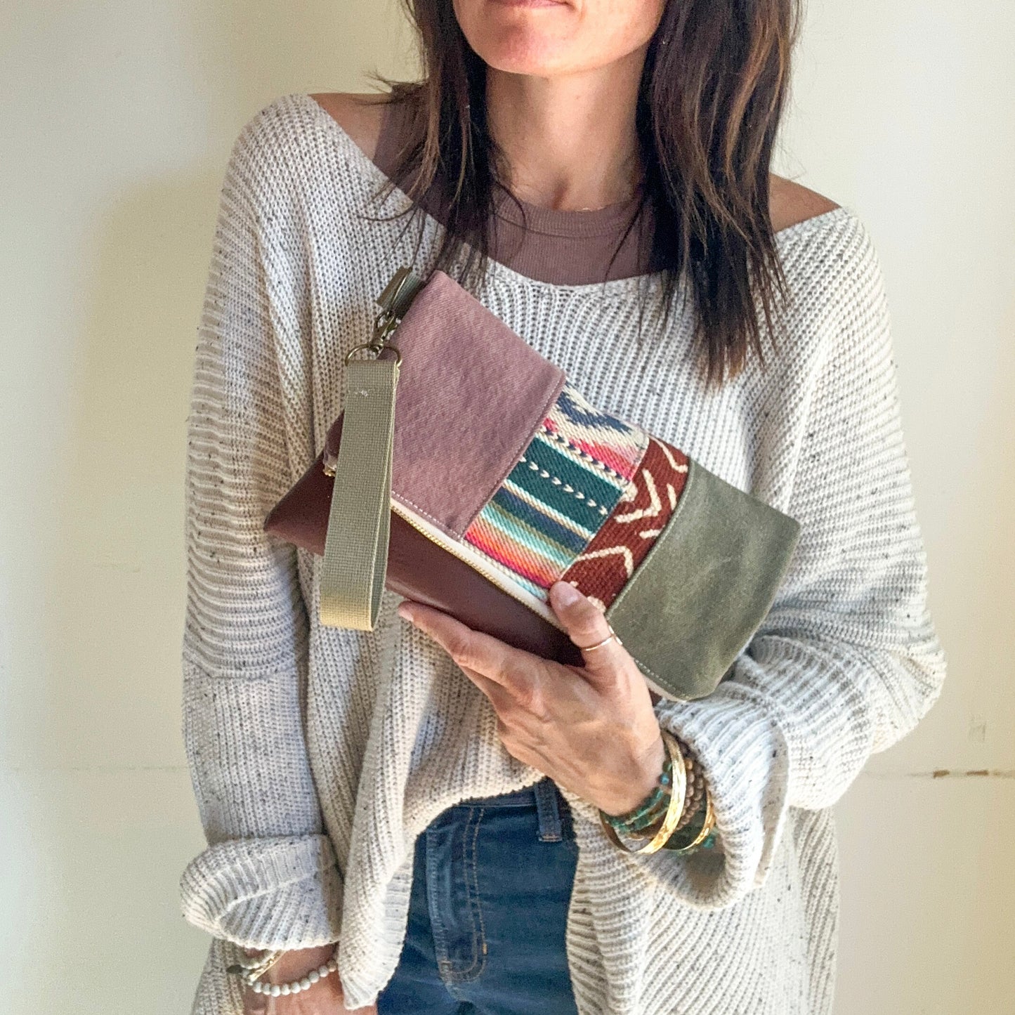 FOLDOVER CLUTCH- Mauve/Sierra Stripe/Red Mudcloth/Olive