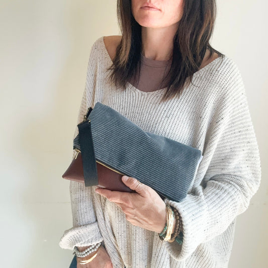 FOLDOVER CLUTCH- Gray Corduroy