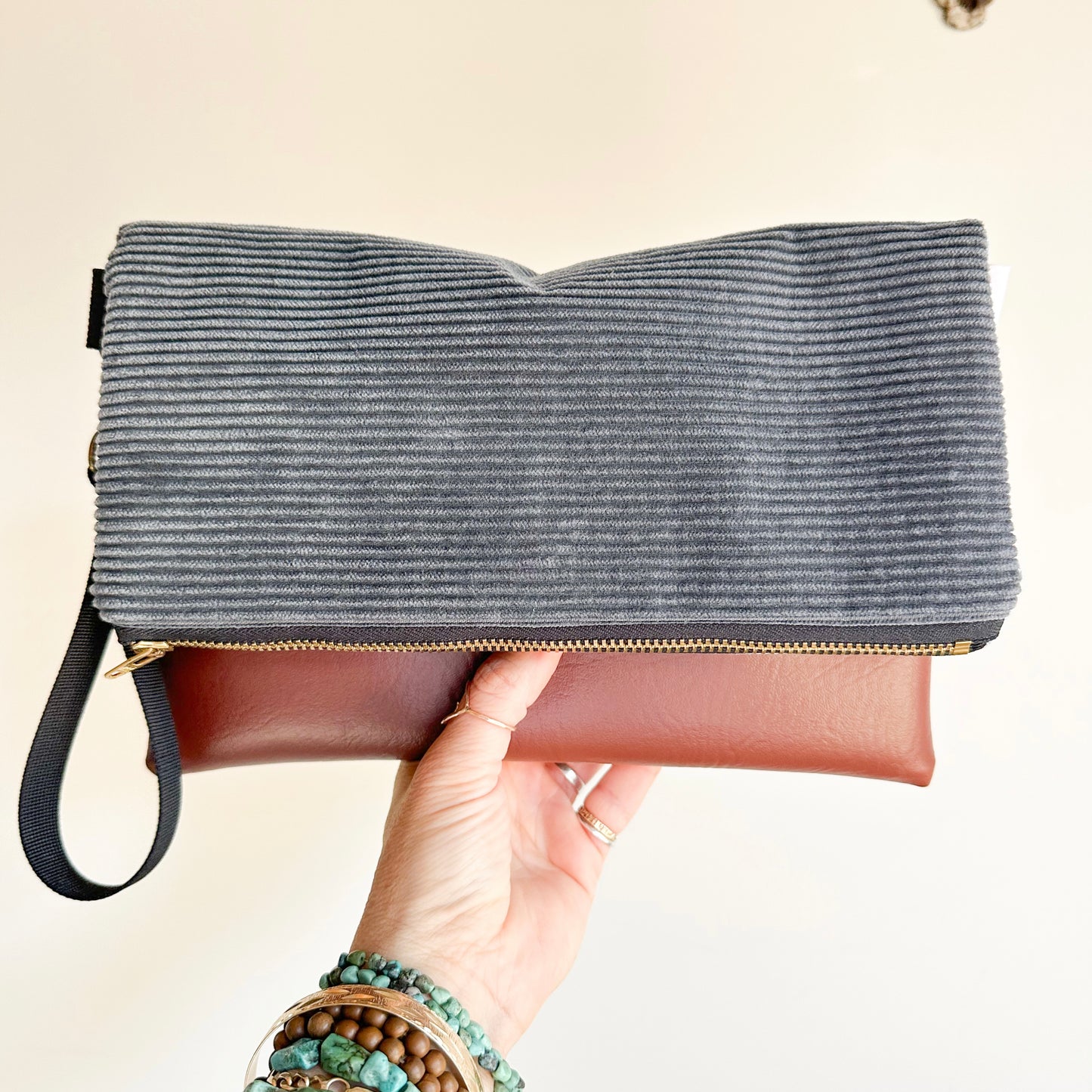 FOLDOVER CLUTCH- Gray Corduroy