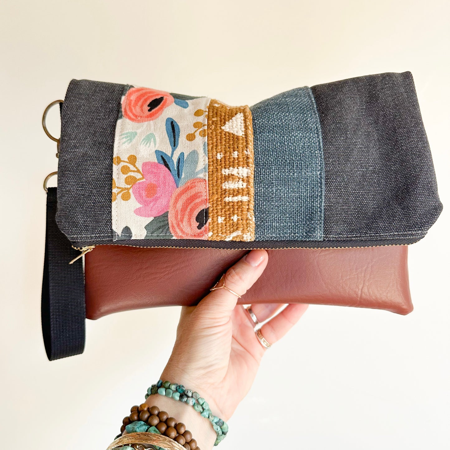 FOLDOVER CLUTCH- Floral/Mudcloth/Linen