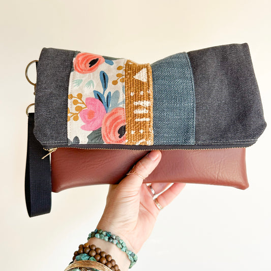 FOLDOVER CLUTCH- Floral/Mudcloth/Linen