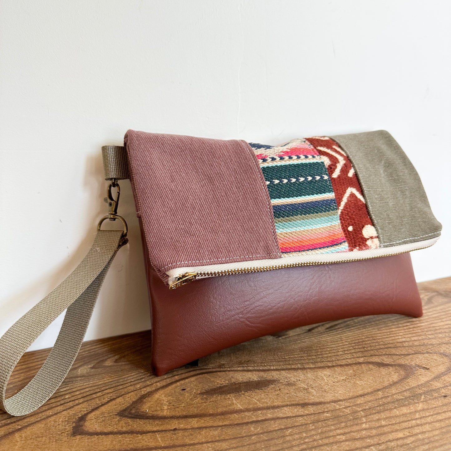 FOLDOVER CLUTCH- Mauve/Sierra Stripe/Red Mudcloth/Olive