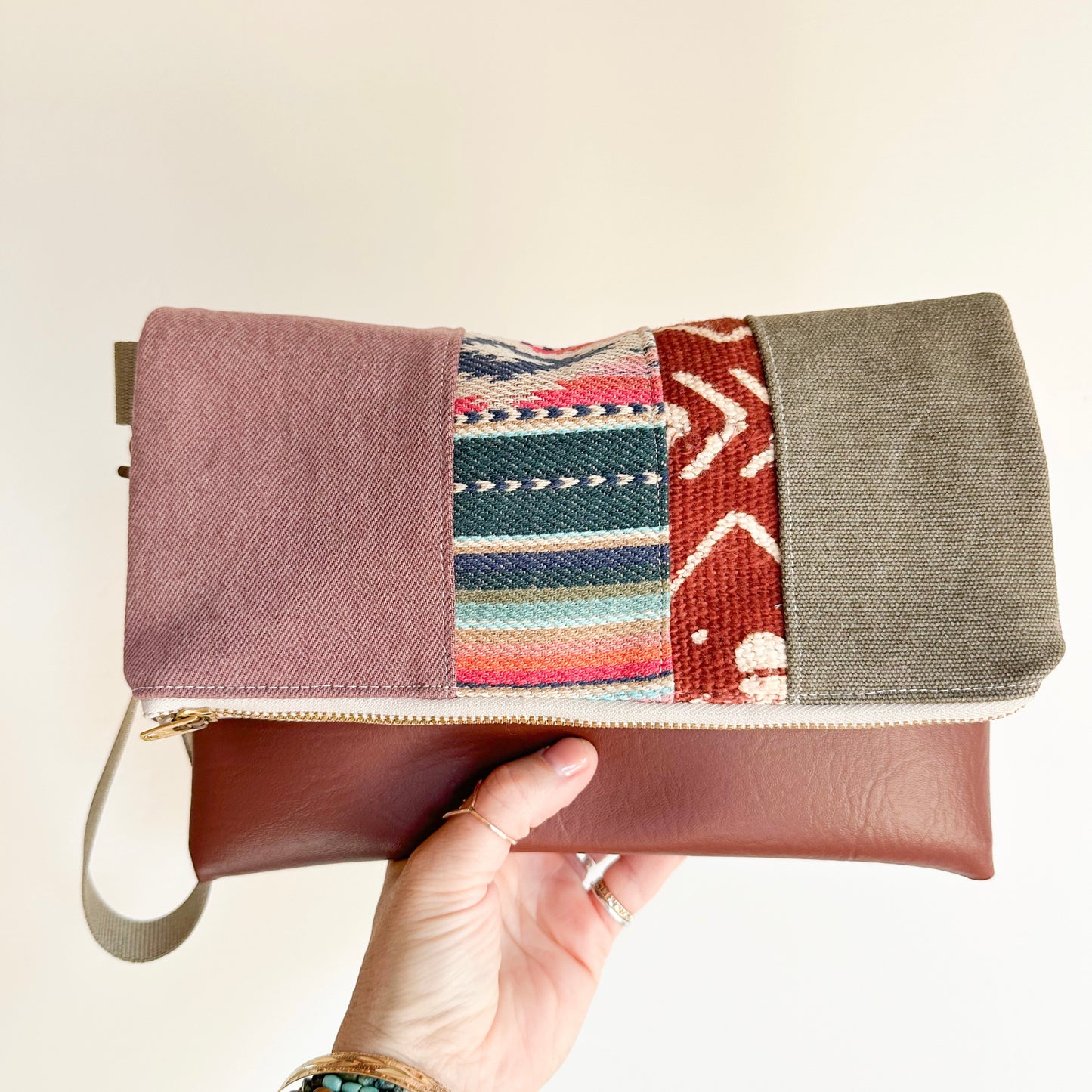 FOLDOVER CLUTCH- Mauve/Sierra Stripe/Red Mudcloth/Olive