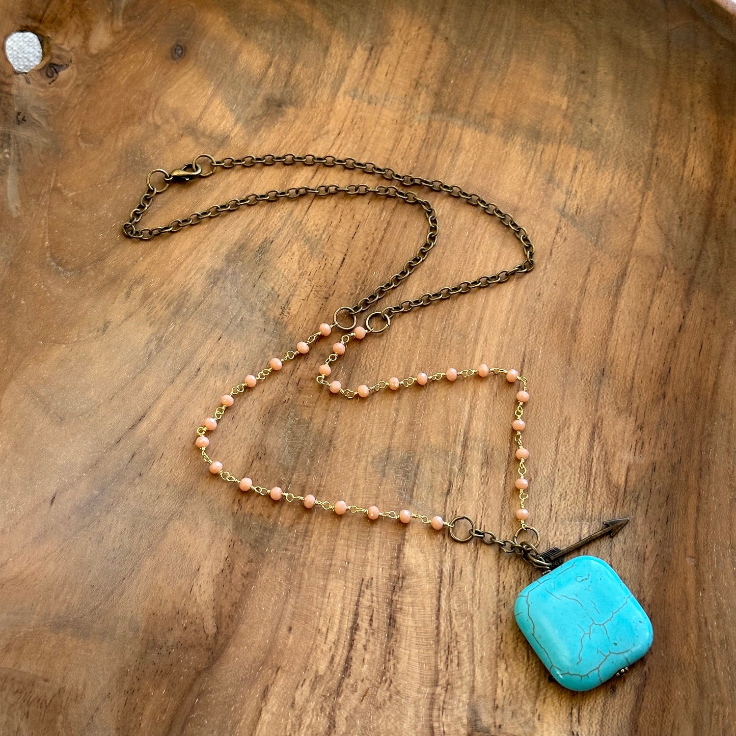 Peach Moonstone and Turquoise Magnesite Beaded Boho Necklace