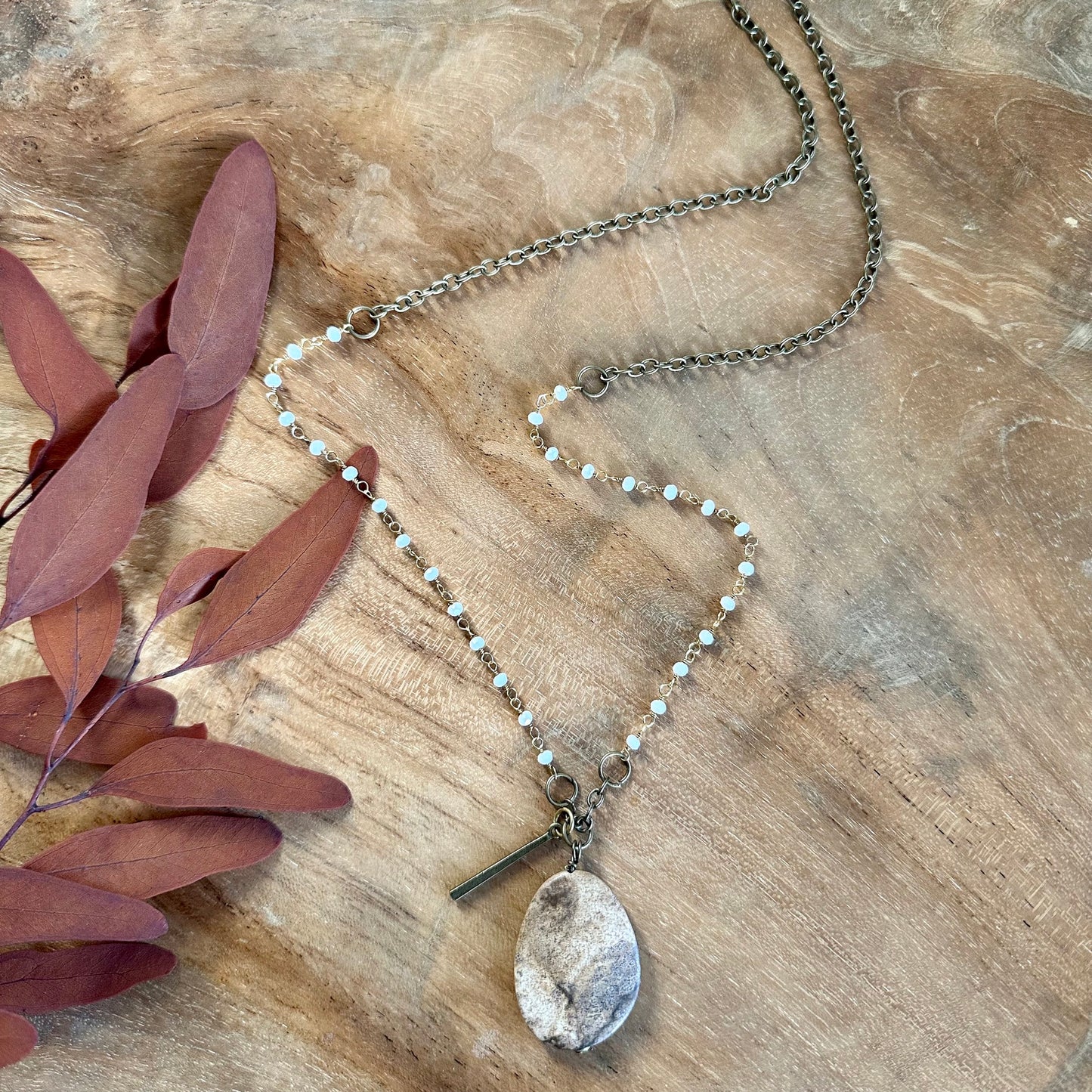 Picture Jasper and Whte Agate Beaded Boho Necklace