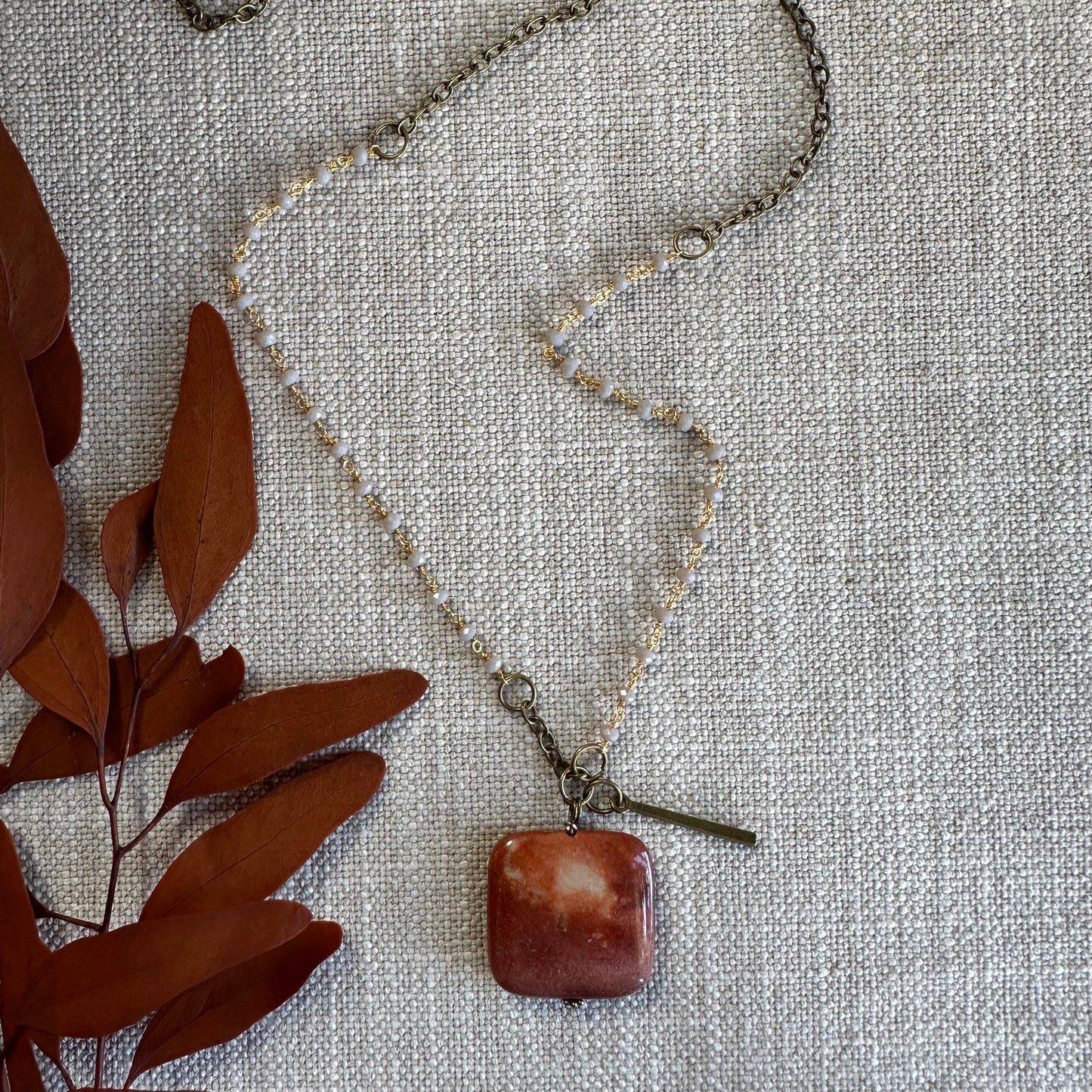 Red Porcelain Jasper and Gray Stone Boho Necklace