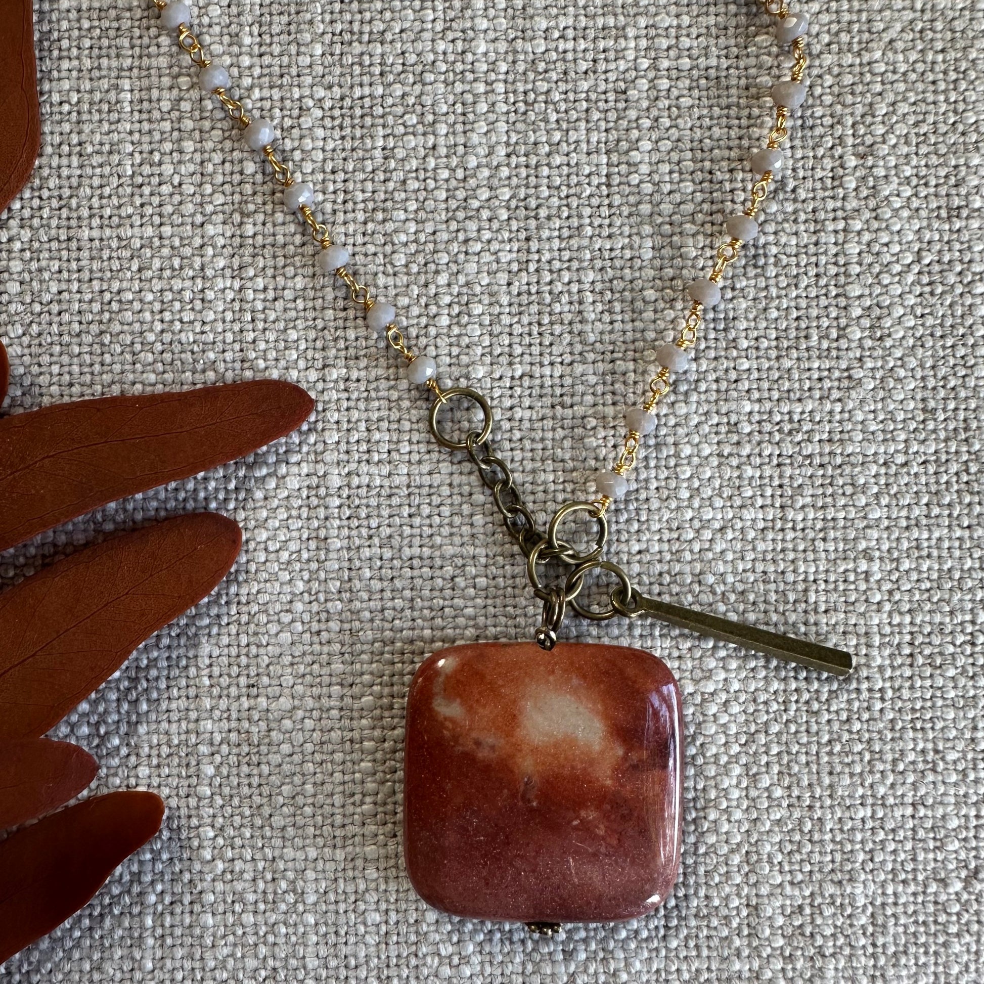 Red Porcelain Jasper and Gray Stone Boho Necklace